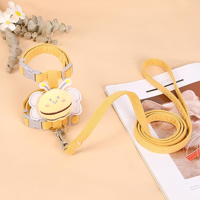 Cat Harness and Leash Set for Outdoor Travel Walking Escape Proof Soft Safe Adjustable Kitten Puppy Small Strap Kitty Cute Bee Wings Yellow S