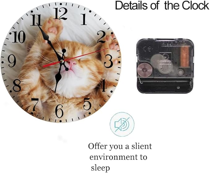 Ansouyi Round Wall Clock Battery Operated Clocks Wallclock 10 Inch,Cute Little Ginger Cat Sleeps Silent Non Ticking Wall Clock for Living Room,Kitchen,Home,Bathroom,Bedroom,Office or School