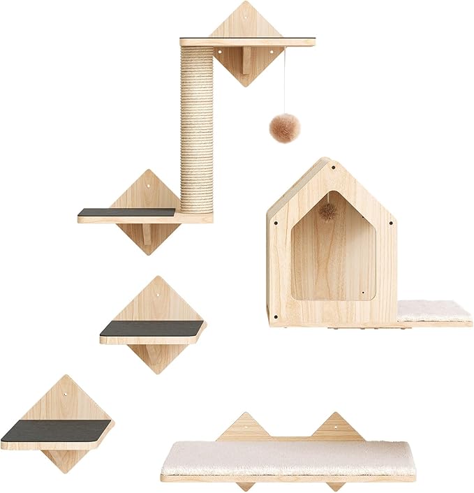 HOOBRO Wood Cat Wall Shelves, Set of 5 Cat Furniture, Cat Wall Mounted Furniture, Cat Climbing Shelves with Cat House, Cat Steps, Scratching Post, Perch, Sturdy and Anti-Slip, Natural NL43CS03