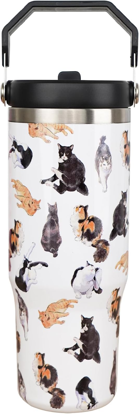 30oz Cat Tumbler with Handle and Straw, Stainless Steel Vacuum Insulated Flip Straw 30 oz Coffee Tumbler, Spill Proof Travel Mug, Cat Decor Gifts for Women
