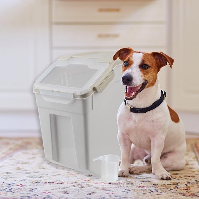 Airtight Dog Food Storage Container 15 lbs Capacity, Large Pet Food Storage Bin, Plastic Cat Food Box with Scoop and Measuring Cup (Grey)