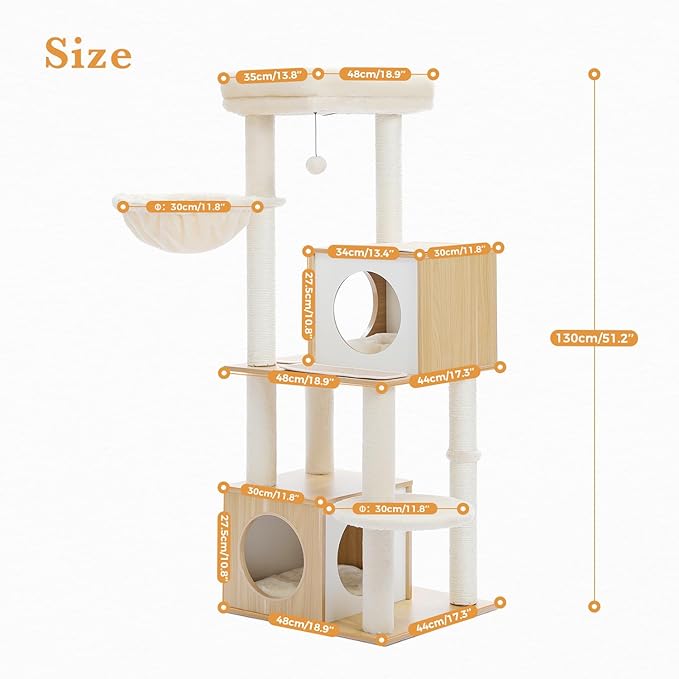 PAWZ Road Large Cat Tree, 51 Inches Wooden Cat Tower with Double Condos, Large Perch,Soft Hammock and Totally Wrapped Sisal Posts for Large Indoor Cats-Beige