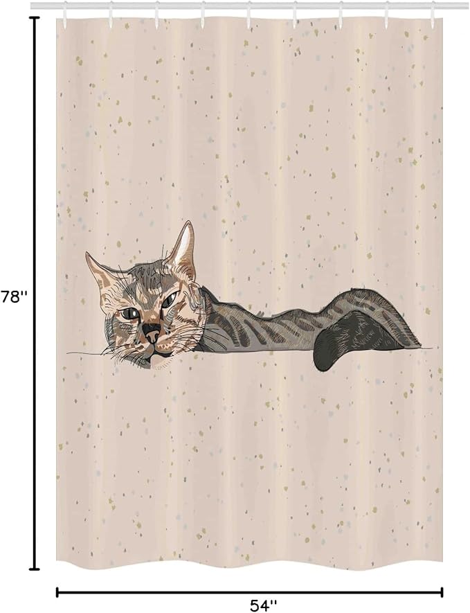 Ambesonne Cat Stall Shower Curtain, Lazy Sleepy Cat in Earth Tones Furry Mascot Indoor Pet Art Illustration, Fabric Bathroom Decor Set with Hooks, 54" W x 78" L, Grey Beige