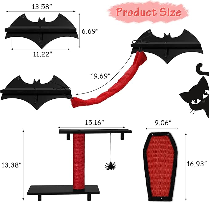 Gothic Cat Wall Shelves 4pcs Wall-Mounted Cat Climber Set Cat Tree Cat Bed with Bridge Ladder Wall Steps Scratching Board Posts Hanging Spider Toy Cat Condo Halloween Cat Wall Furniture for Cats