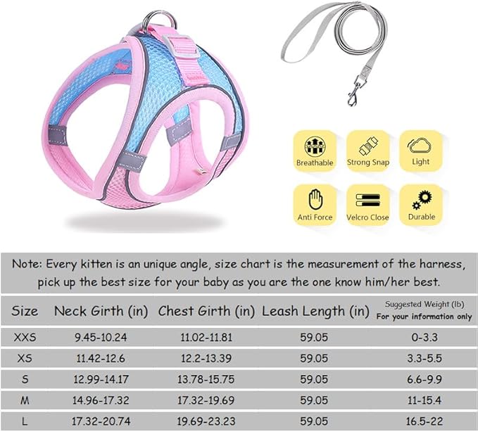 Cat Harness and Leash Set Soft Adjustable Escape Proof Cat Leash Breathable Comfortable Vest Easy to Wear Kitten/Small Dogs Harness for Outdoor Walking Blue XXS