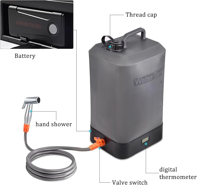B. TAWD 4.5 Gallon Silicone Water Tank, Portable Camping Shower, USB Battery Charging, Solar Heating, with Shower Head, Electric Portable Outdoor Shower, Built-in Thermometer, Beach, Camping, Hiking