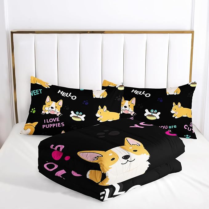 AILONEN Kids Puppy Comforter Set Twin Size - Cute Puppy Bedding Set for Girls Boys - Dog Lover Cartoon Pet Animals & Bones Print Duvet Set, 1 Quilt and 2 Pillowcases,All Season