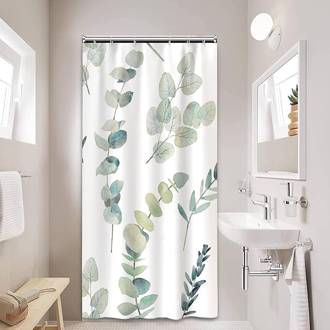 AWERT Small Half Size Stall Shower Curtain with 6 Hooks Green Leaves Shower Stall Curtain 36 x 72 Boho 36 inch Shower Curtain for Bathroom/RV and Camper