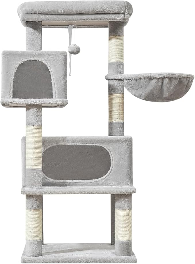Taoqimiao Cat Tree,48.8-Inch Cat Tower for Indoor Cats,2 Luxurious cat condo with Adjustable Large Hanging Baskets and Large Luxurious Perch Light Gray MS029LW