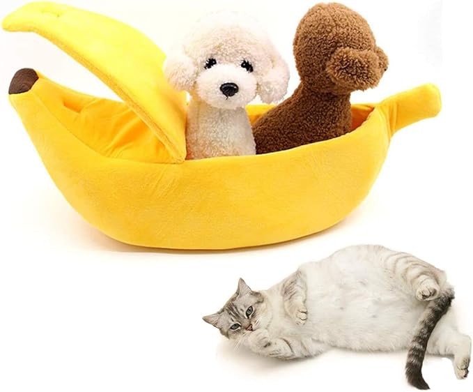 SEIS Winter Cat Banana Bed Dog House Warm Boat Pet Sleep Nest Cotton Cushion Coral Fleece Dog Pad Cat Mat (M)