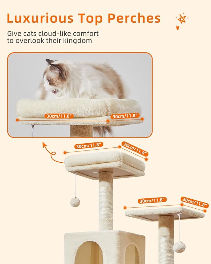 Taoqimiao Cat Tree, 61-Inch Cat Tower for Indoor Cats, Plush Multi-Level Cat Condo with 5 Scratching Posts, 2 Perches, 2 Caves, Hammock, 2 Pompoms, Beige MS013SM