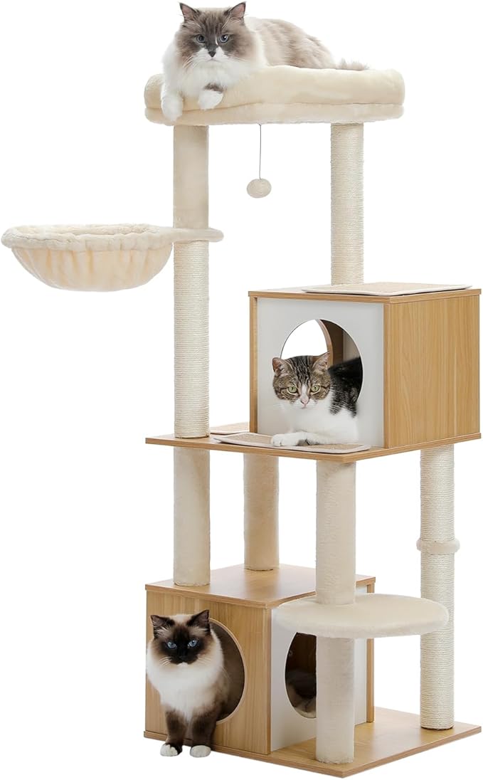 PAWZ Road Large Cat Tree, 51 Inches Wooden Cat Tower with Double Condos, Large Perch,Soft Hammock and Totally Wrapped Sisal Posts for Large Indoor Cats-Beige