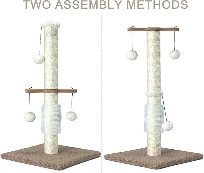 PAWSFANS Cat Scratching Post Sisal Vertical Scratcher Posts for Indoor Cats and Kittens,Three Hanging Ball Toy and Self-Grooming Brush,26inches Cat Scratch Pole Beige