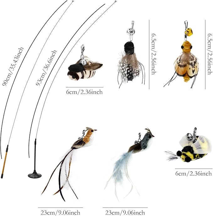 8 Pieces Cat Feather Toys Interactive Cat Wand Toys with 6 Feather Refills and 2 Flexible Steel Wires Wand Kitten Toys for Indoor Cats to Play Chase Exercise