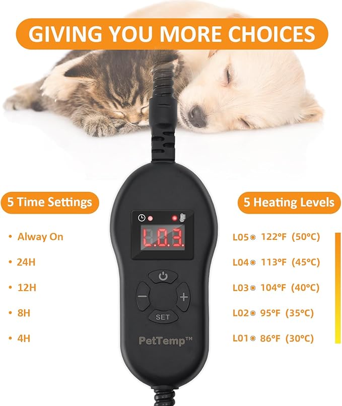 Upgraded Pet Heating Pad, 5 Adjustable Temperature & Timer, Electric Heated Dog Cat Bed for Winter, Auto Power-Off, Waterproof Chew-Resistant (M:20'' x 16'')