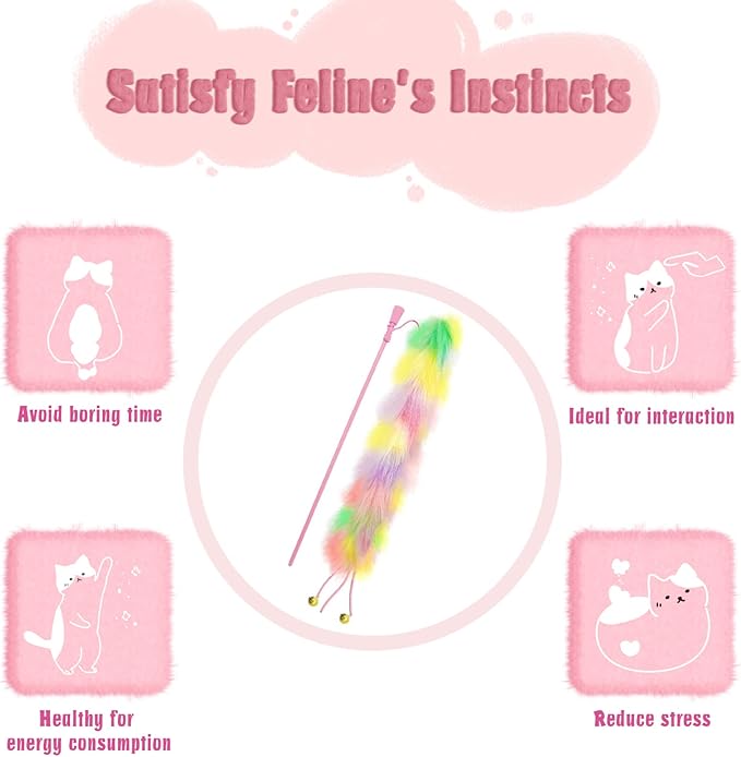 2 Pack Cat Wand Toy, Rainbow Cat Feather Toys with Bells, Cat Teaser Wand with Soft Furry Tail, Interactive Cat Toys for Indoor Cats & Kitten & Kitty