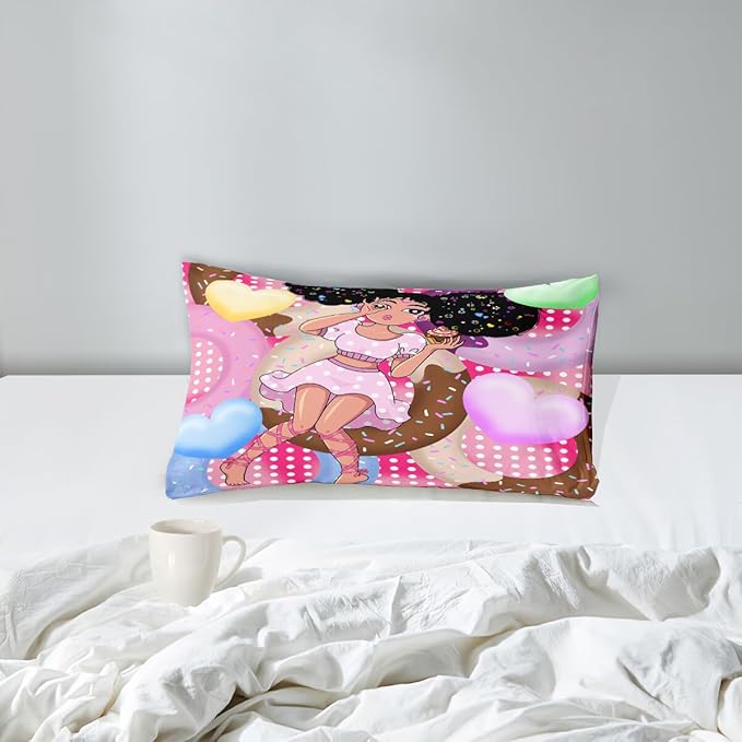 African American Girls Comforter Set Twin - Black Girl Comforter Set - Kids Comforter Sets for Girls Bedroom Decor Pink Donut Girl Pattern Prints 2 Piece Quilt Set with 1 Pillowcase