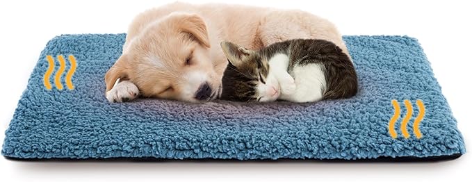 Miguel Self Heating Bed for Small Dogs 24 x 18 inch Self Warming Pad Indoor Outdoor Soft Thermal Crate Pad with Removable Washable Sherpa Cover Non-Slip Puppy/Kitten Mattress (Blue,S)