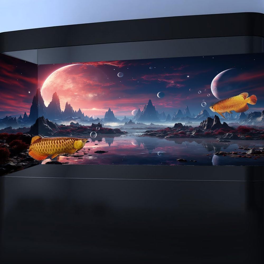 72X24IN Cosmic Spaceterrarium Background, Cool Parallel Space Themed Aquarium Reptile Habitat Background, Red Moon Aquarium Background with 10EVA Double-Sided Tape