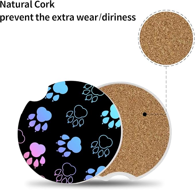 2 Pack Absorbent Car Coasters for Cup Holders,Ceramic Coasters with Cork Back and Finger Slot, Auto Accessories for Women & Men,2.56"(Gradient Black Dog paw Print)