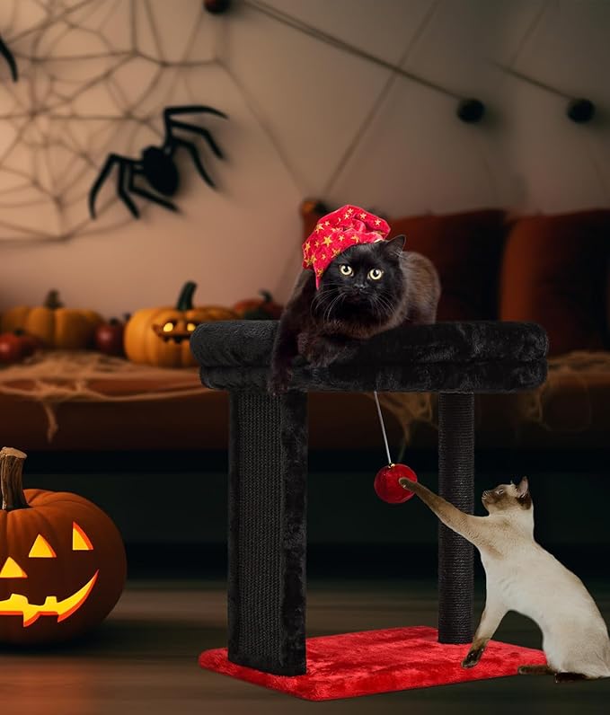 SYANDLVY Samll Gothic Cat Tree with Scratching Board, Scratching Post with Perch for Indoor Cats, Cat Scratcher with 2 Dangling Balls, Great for Kittens