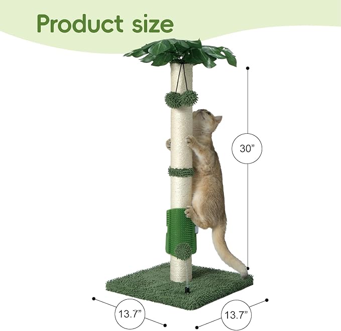MECOOL Cat Scartching Post，30-inch Cute Scartching Posts for Indoor Cats and Kittens,Natural Sisal Rope and Hanging Ball Toy, Self-Grooming Brush,Green