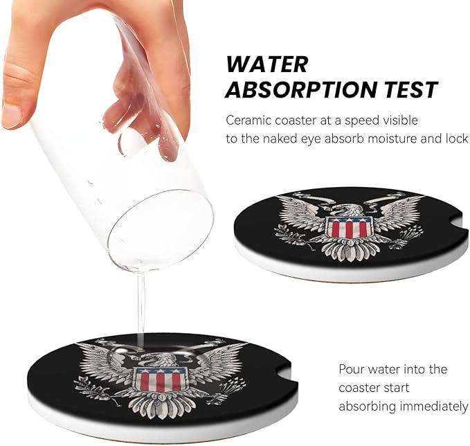 Absorbent Ceramic Car Coasters for Cup Holders, Bald Eagle Design 2.56" Anti Slip Universal Drink Cup Coasters for Women Men (2 Pack)