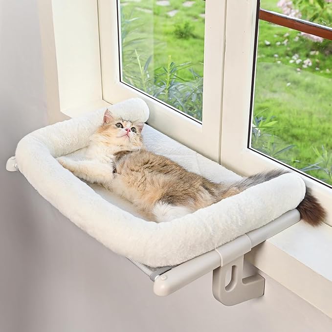 Cat Window Sill Perch with Large Bolster, Easy to Adjust & Assemble Cat Window Seat for Windowsill & Bedside, Cat Hammock Bed for Large Cats and Kittens (White, L)
