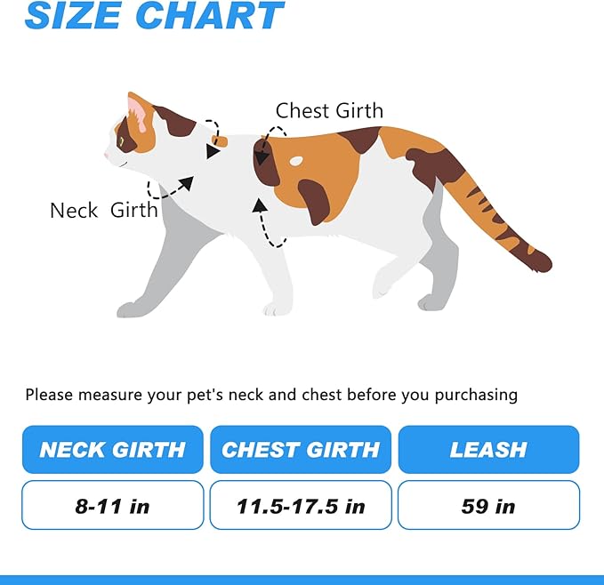 Cat Harness and Leash Set Escape Proof for Walking, Adjustable Cute Kitten Harness Leash with Airtag Holder for Small Large Cats, Lightweight Soft Walking Travel Harness (Blue)