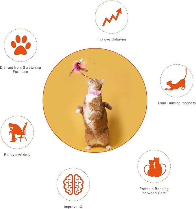 2pcs Cat Teaser Wand Toy, Cat Teasing Wand Collar Silicone Adjustable Cat Wand Toy Feather with Bell Cat Interactive Teaser Toys for Indoor Cat Kittens Playing Exercise (Pink)