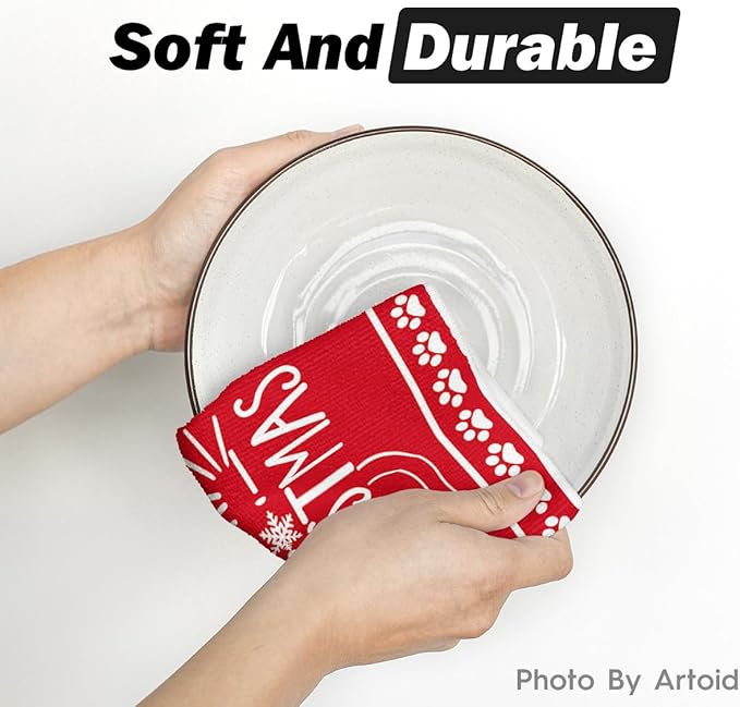 Artoid Mode Red Cat Merry Christmas Kitchen Towels Dish Towels, 18x26 Inch Star Xmas Ball Believe Daily Winter Decoration Hand Towels Set of 2