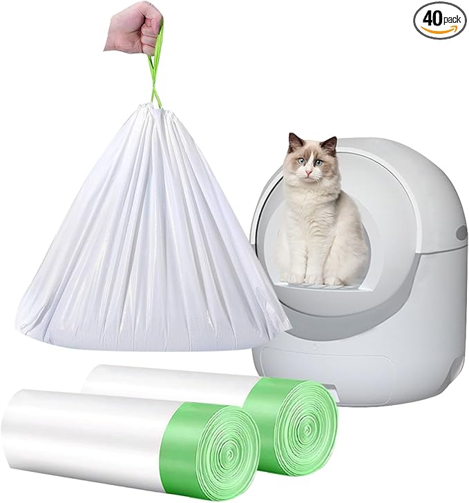 40 Count Cat Drawstring Litter Box Liners 26.6x16.7 inches 2Mils Super Thick White Cat Litter Waste Bags Poop Bags for Self-Cleaning Litter Box Cat Litter Pan Trays(Green Drawstring 40 count)