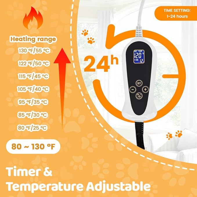 Pet Heating Pad for Cats Dogs with Timer Temperature Adjustable, Electric Heating Mat Indoor, Adjustable Warming Mat, Waterproof Heated Bed with Chew Resistant Steel Cord，Pet Heated Mat