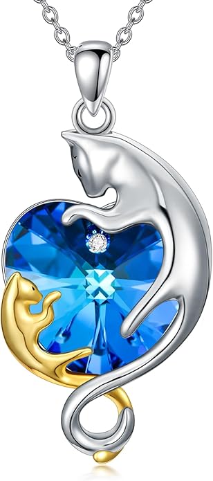 AOBOCO Valentine Cat Necklace for Women 925 Sterling Silver Cat Pendant Necklace Embellished with Crystals from Austria Jewelry Gifts for Cat Lovers