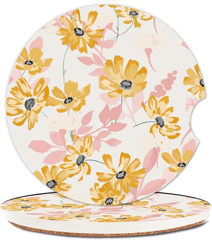 Absorbent Car Cupholder Coaster 2 Pack, Cute Car Coasters with a Finger Notch for Women & Men,2.56" Ceramic Stone & Non-Scratch Cork Base Drink Coasters, Cute Auto Accessories Gifts