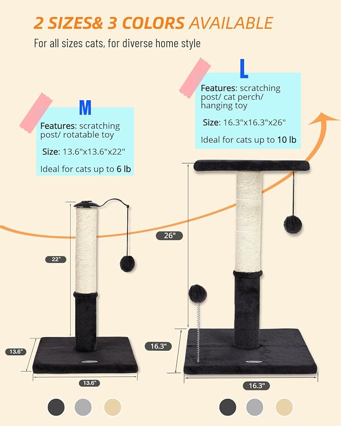 Happi N Pets 26" Cat Scratching Post with Perch, Natural Sisal Scratchers Trees for Indoor Cats, Featuring with Hanging Balls & Cozy Cat Bed, Stable Cat Scratch Posts for Kittens-Smoky Gray