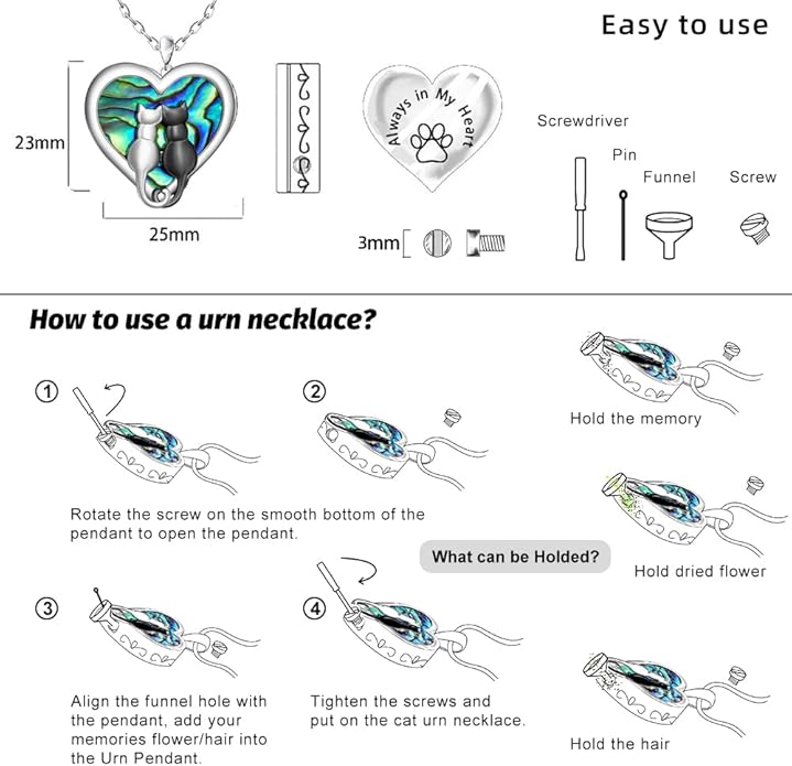 Cat Necklace for Women Ashes Cremation Cat Urn Necklaces for Women Abalone Shell Sterling Silver Paw Print Black Cats Yin Yang Memorial Keepsake Gifts