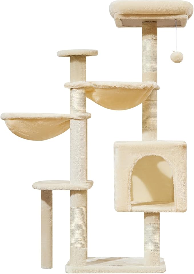 Taoqimiao Cat Tree, 48-Inch Cat Tower for Kittens, Cat Tree Tower with 5 Scratching Posts, Plush Cat Condo with Plush Perch, 2 Hammock, Pompoms, Light Gray MS019L-M