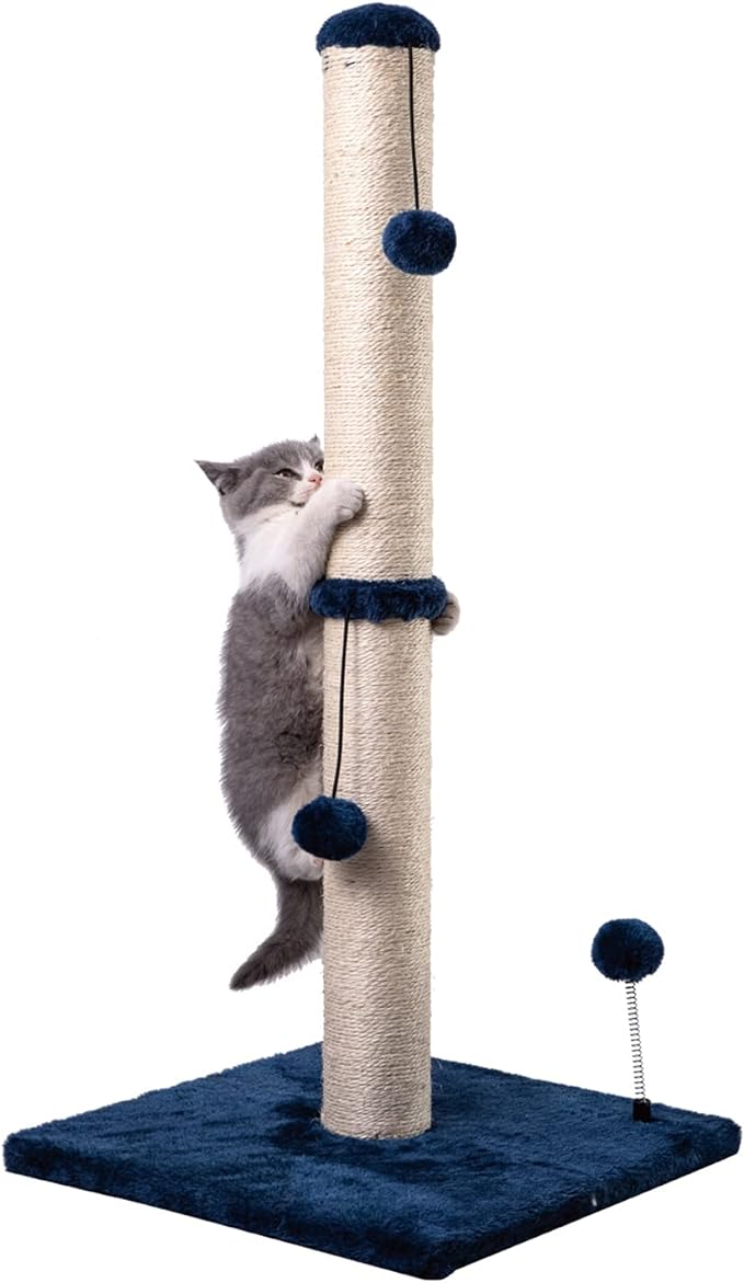 MECOOL 34“ Tall Cat Scratching Post Premium Basics Kitten Scratcher Sisal Scratch Posts Trees with Hanging Ball for Indoor Cats (34 inches for Adult Cats, Navy)