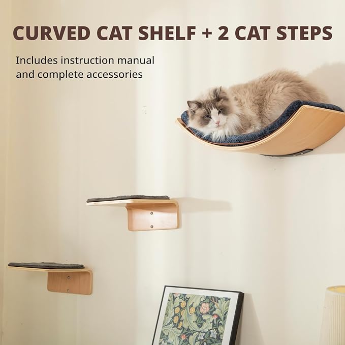 Cat Wall Shelf with Two Steps - Curved Cat Shelves and Perches for Wall (Large Size) - Wall Mounted Cat Furniture for Sleeping, Playing, Climbing, and Lounging