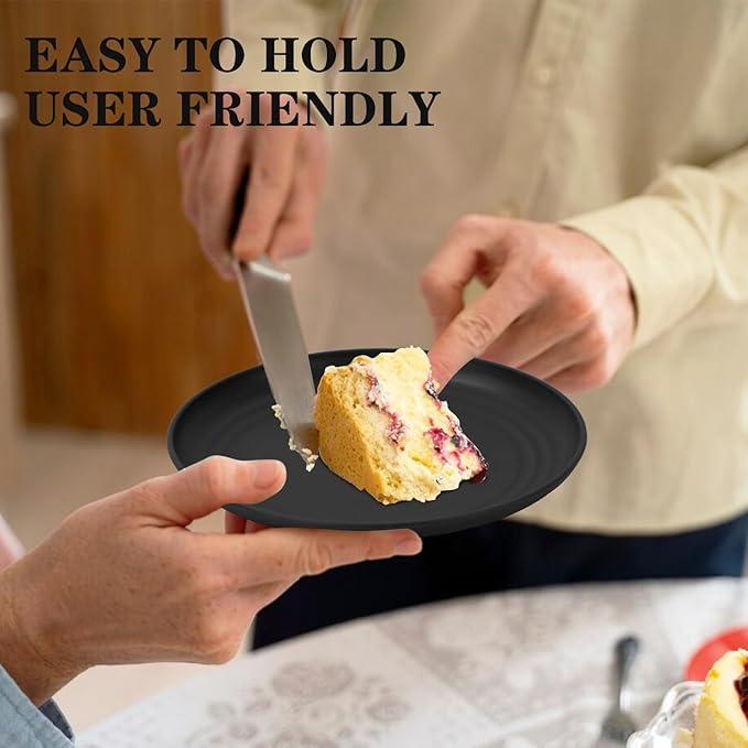 6 Inch Dessert Plates Set of 8, Unbreakable Wheat Straw Appetizer Plates, Reusable Plastic, Microwave & Dishwasher Safe, Mini for Kitchen (Black)