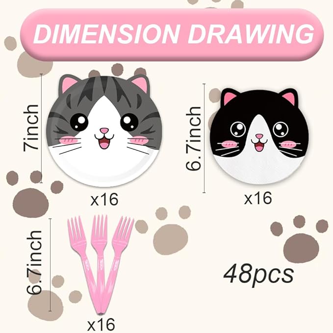 48Pcs Cat Birthday Party Decorations Meow Pawty Disposable Plates Napkins And Forks Serves 16 Pet Kitten Baby Shower Birthday Party Decorations
