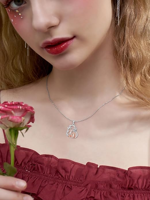 Cute Mother and Daughter Fox/Cat/Cow/Monkey/Panda Necklace 925 Sterling Silver Heart Flower Heart Necklace Animal Jewelry Mother's Day Jewelry for Women