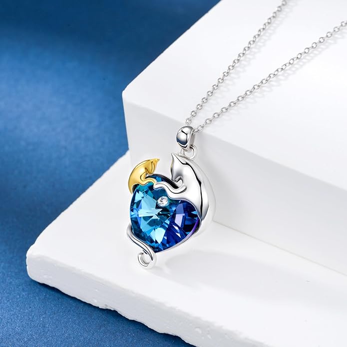 AOBOCO Valentine Cat Necklace for Women 925 Sterling Silver Cat Pendant Necklace Embellished with Crystals from Austria Jewelry Gifts for Cat Lovers