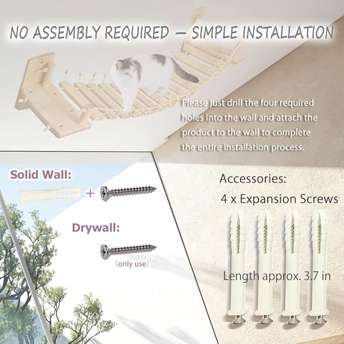 Cat Wall Shelves, Climbing, Wooden Cat Furniture, Cat Shelves and Perches for Wall, Cat Bridge Long for Indoor Cats, Wall Mounted, Playing and Lounging (Length 55in)