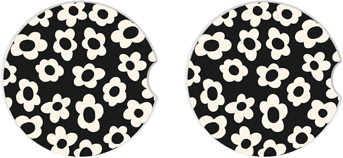 Absorbent Car Coasters 2 Pack for Cup Holders, 2.56" Ceramic Stone & Non-Scratch Cork Base Drink Coasters(White Flower)