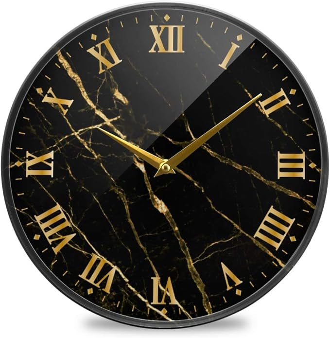 ALAZA Black Marble Print Gold Lines Wall Clock Battery Operated Silent Non Ticking Clocks for Living Room Decor 12 Inch / 9.5 Inch