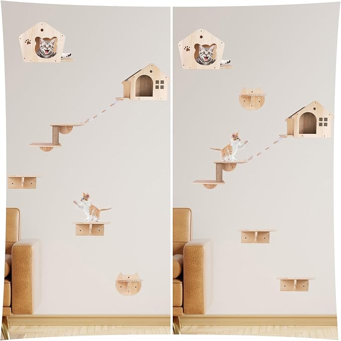Cat Wall Furniture Cat Wall Shelves, Large Cat Climbing Shelves Set of 7 Wall Mounted Cat Furniture, with Cat Apartment, Cat Scratching Post, Perches Platform, for Cat Climbing & Resting