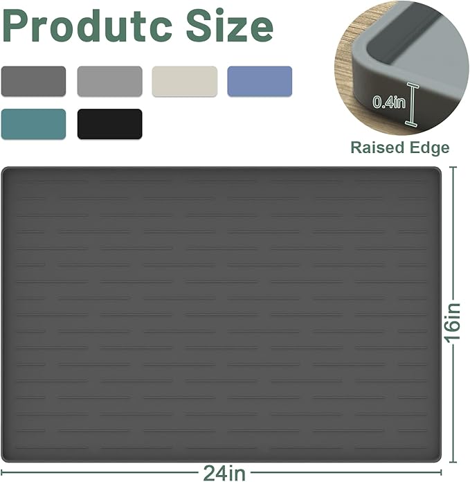 24"x16" Silicone Dog Food Mat with Raised Edges, Waterproof Non-Slip Pet Feeding Mat for Food & Water, Thick Durable Placemat for Cats and Dogs, Easy to Clean, Black