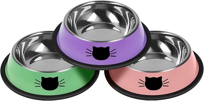 3Pcs Cat Bowls Non-Slip Stainless Steel Small Cat Food Bowls Unbreakable Thicken Cat Feeder 7 Oz Cat Dishes Suitable for Indoor Small Pets Removable Rubber Base Easily Clean Lovely Color
